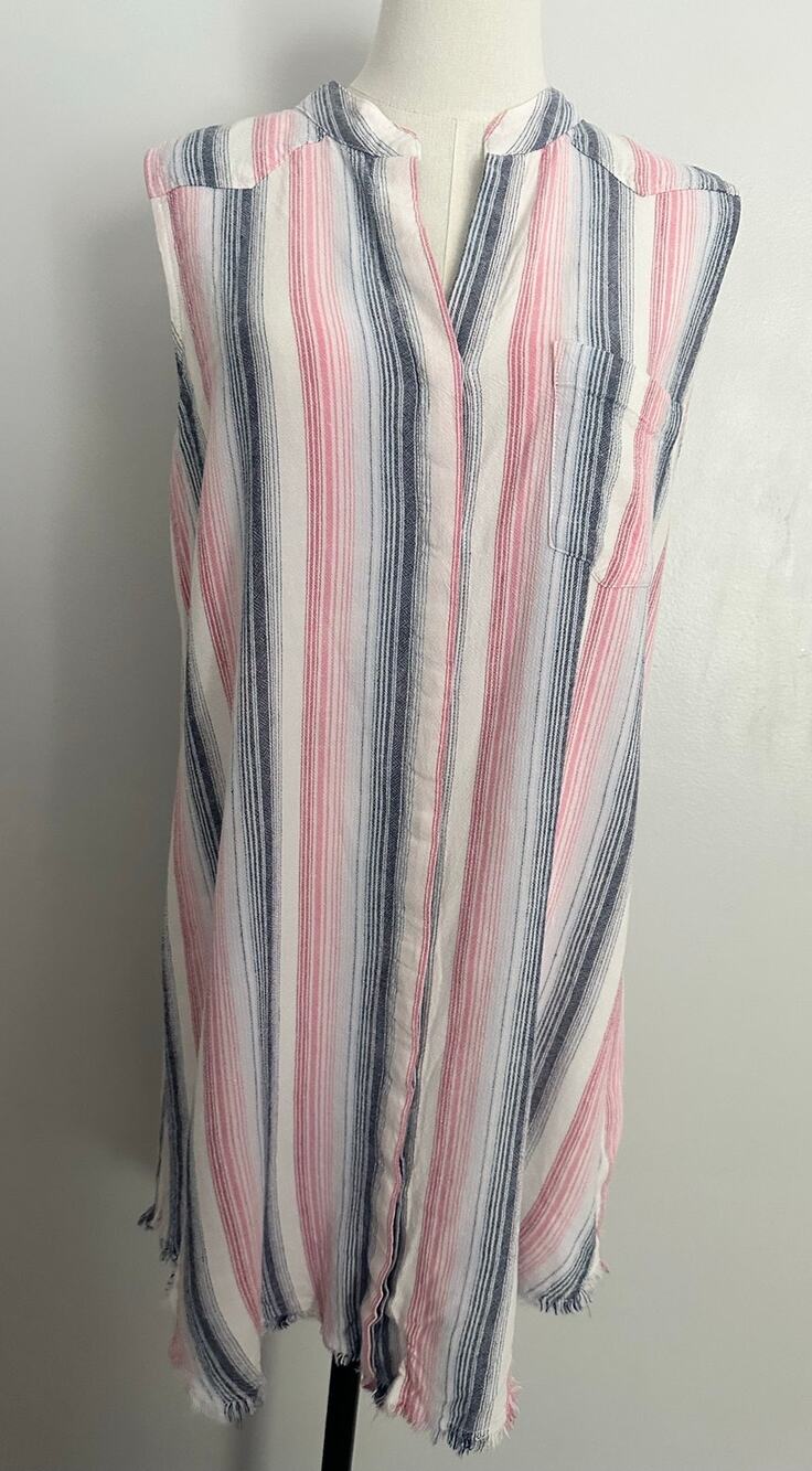 Cloth & Stone Sunburst Striped Shirt Dress M Anthropologie Linen Blend Raw Hem